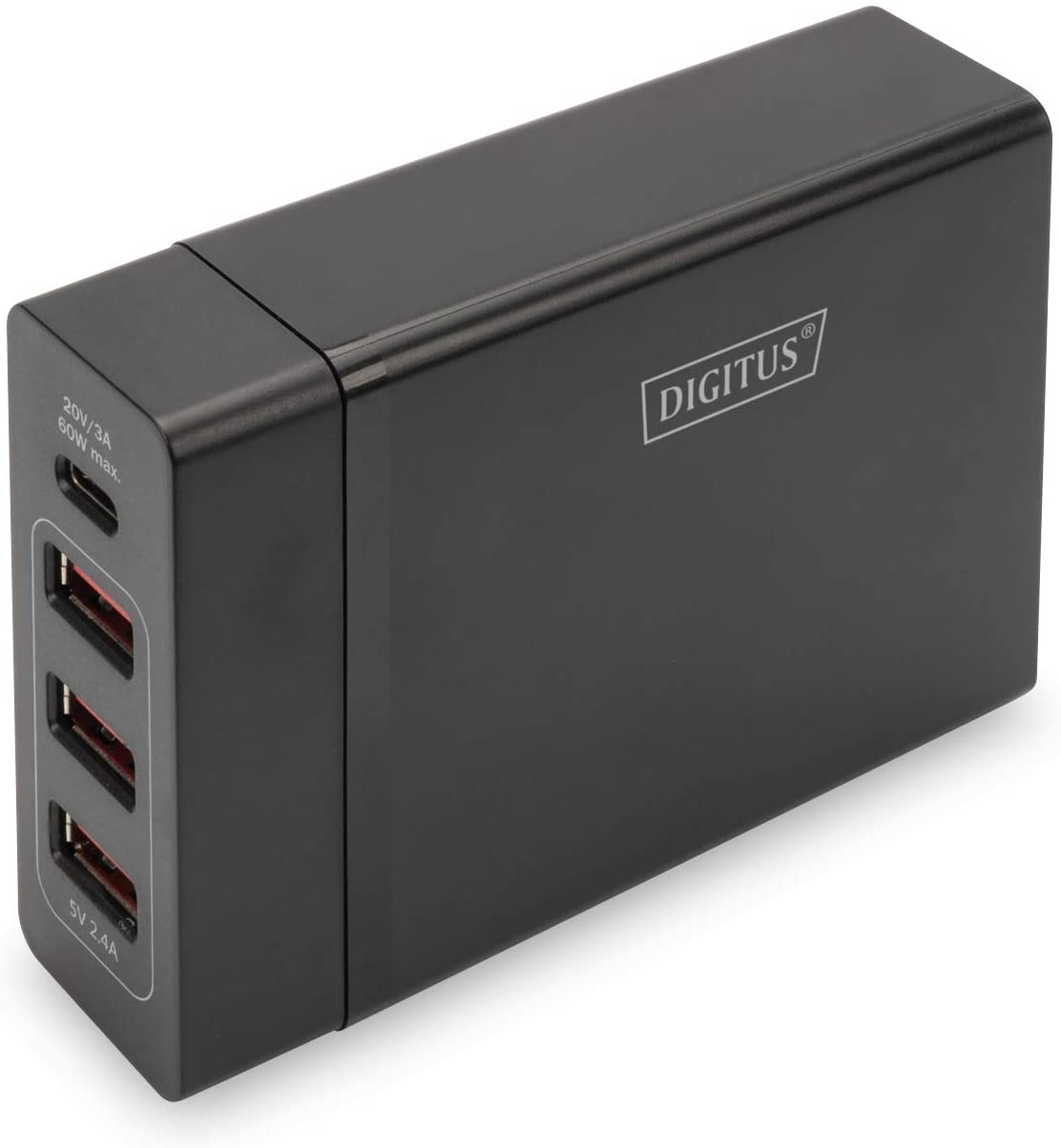 Universal 4-port 240V USB charger Type C (5-20V / 3A / 60W) 3xUSB A (5V / 2.4A) PD black iekārtas lādētājs