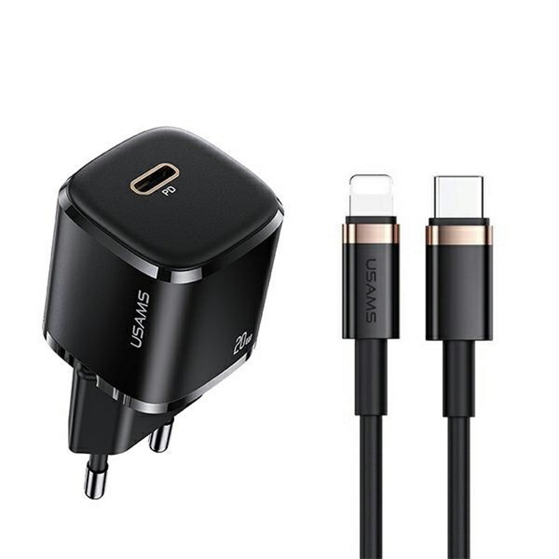 Usams T36 Wall Charger 20W 1x USB-C Plug PD charge + USB-C to Lightning 1m Cable for iPhone 11 12 13 Black iekārtas lādētājs