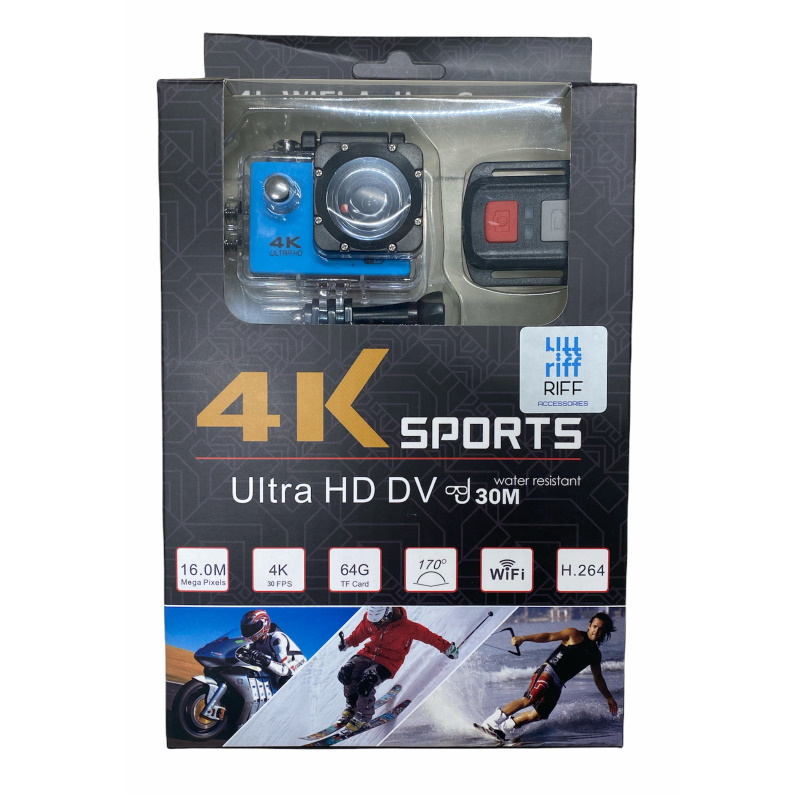 Riff SPK-1 Ultra HD 4K 16Mpix Wi-Fi Sporta Kamera ar 2'' LCD Pulti & 8x Fiksācijas komplektu Zila sporta kamera