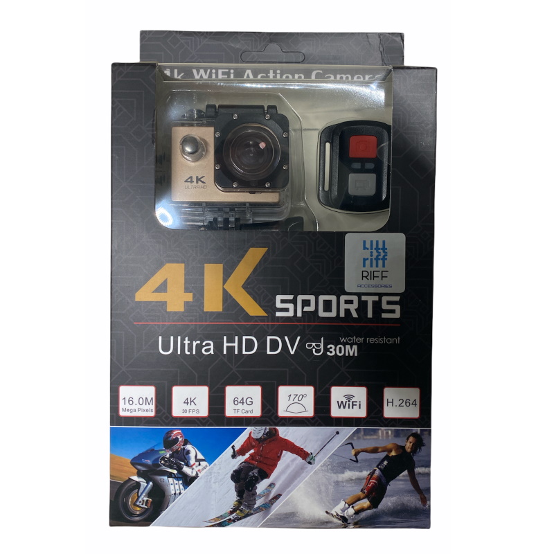 Riff SPK-1 Ultra HD 4K 16Mpix Wi-Fi Sporta Kamera ar 2'' LCD Pulti & 8x Fiksācijas komplektu Zelta sporta kamera