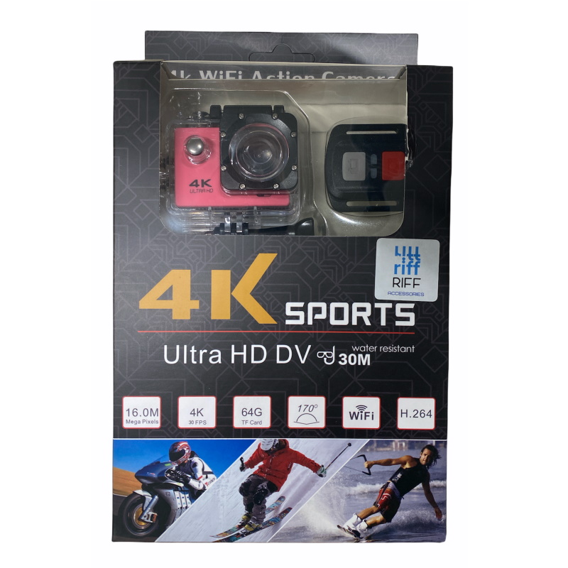 Riff SPK-1 Ultra HD 4K 16Mpix Wi-Fi Sporta Kamera ar 2'' LCD Pulti & 8x Fiksācijas komplektu Rozā sporta kamera