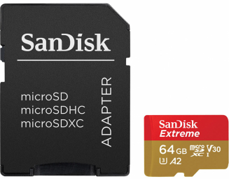 SANDISK Extreme PLUS 64GB microSDXC + SD Adapter + 2 years RescuePRO Deluxe up to 200MB/s & 90MB/s Read/Write speeds A2 C10 V30 UHS-I U8 atmiņas karte