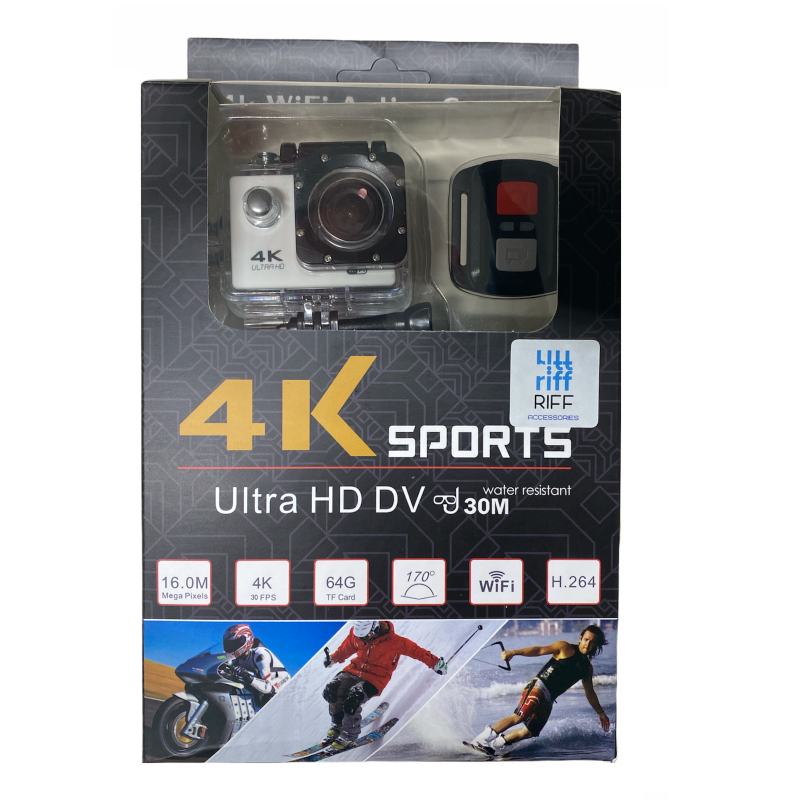 Riff SPK-1 Ultra HD 4K 16Mpix Wi-Fi Sporta Kamera ar 2'' LCD Pulti & 8x Fiksācijas komplektu Balta sporta kamera