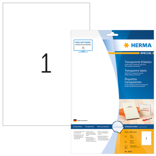 HERMA Inkjet Folien-Etik. A4 transp 210x297 mm glanz. 10 St. biroja tehnikas aksesuāri