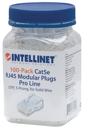 Intellinet Modular plug RJ45 8P8C Cat5e UTP for solid wire 100 plugs in jar