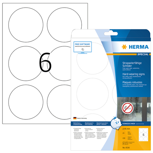 HERMA Schilder strapaz. A4 85 mm rund white Folie 150 St. biroja tehnikas aksesuāri