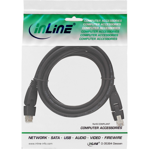 InLine Patchcord 180stopni S/FTP,  PiMF,  Cat.6A,  500MHz,  halogen free,  black 1m (76811X) tīkla kabelis