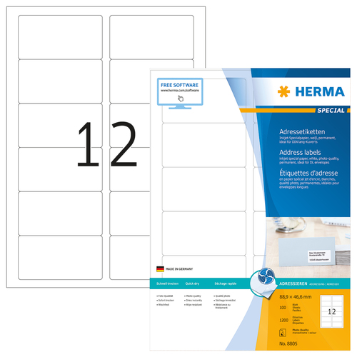 HERMA Inkjet Adresset. A4 white 88,9x46,6 mm Papier 1200 St. biroja tehnikas aksesuāri