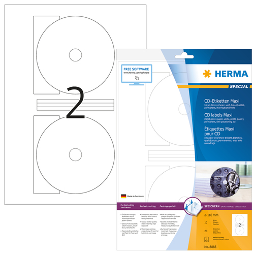 HERMA Inkjet CD-Etik. Maxi A4 white 116 mm glanz. 20 St. biroja tehnikas aksesuāri