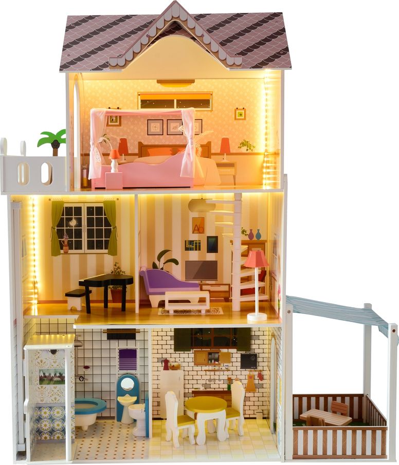 Funfit Drewniany domek dla lalek 120 cm z oswietleniem LED RGB + 2 lalki 9527709 (5902759978621) Rotaļu mājas un slidkalniņi