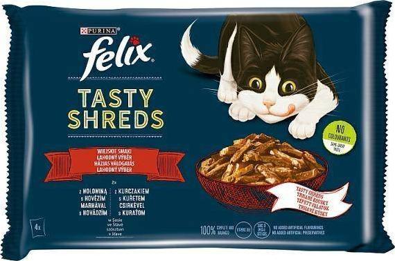 FELIX sasz.4x80g TASTY SHREDS BEEF & CHICKEN country flavors in sauce kaķu barība