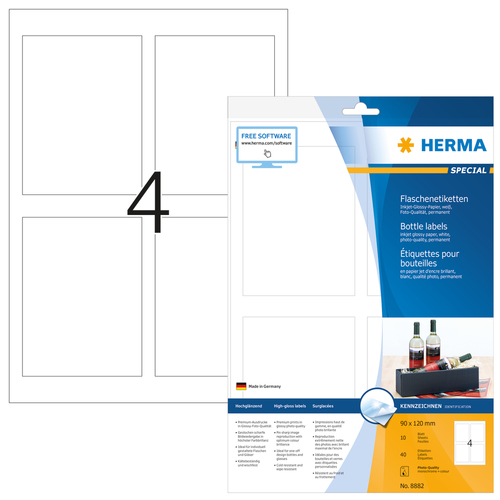 HERMA Flaschenetik. A4 Inkjet white 90x120 mm glanz. 40 St. biroja tehnikas aksesuāri