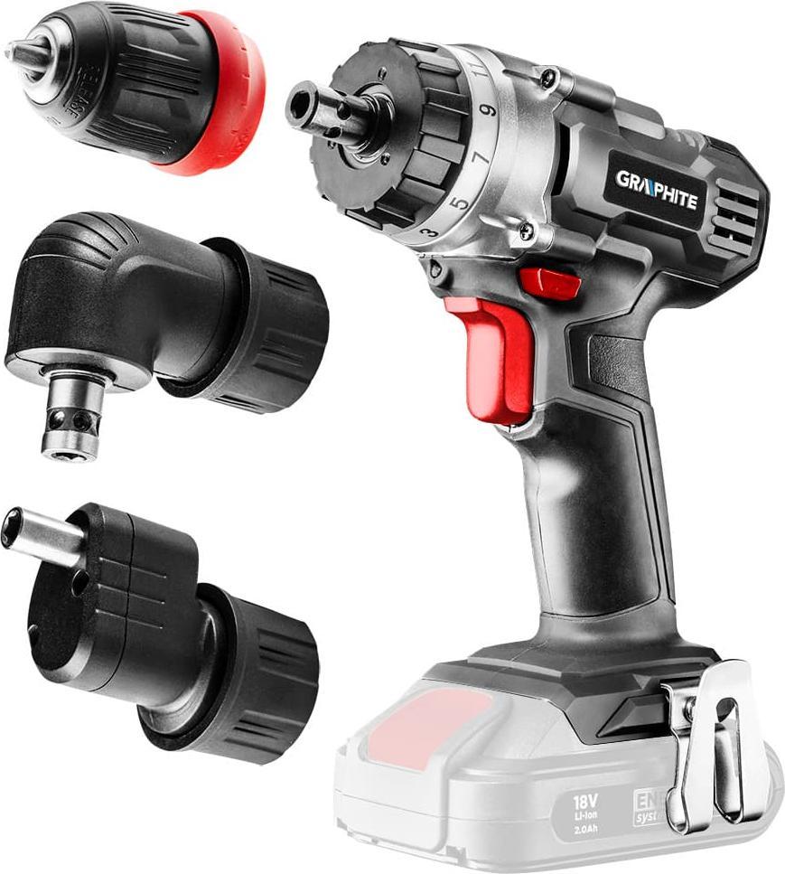 Energy+ 18V cordless drill driver, 10 mm removable handle, plus angle adapter and adapte