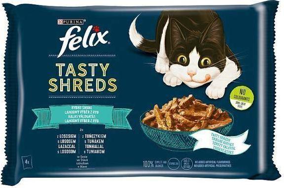 Felix FELIX sasz.4x80g TASTY SHREDS LOSOS& TUNCZYK rybne smaki w sosie /12 12450206 (7613038644073) kaķu barība