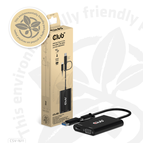 CLUB3D USB Gen1 Type-C/-A to Dual HDMI (4K/30Hz) / VGA (1080/60Hz) adapteris