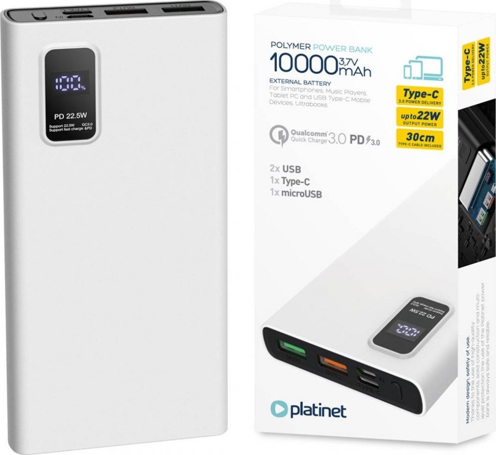 Platinet 45727 10000 mAh White Powerbank, mobilā uzlādes iekārta