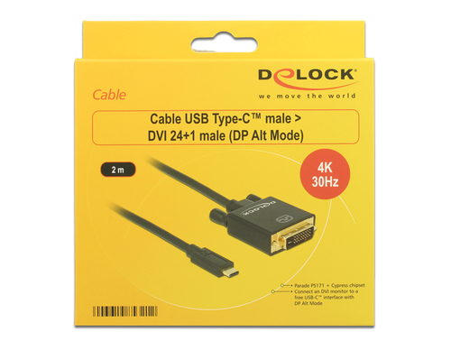 Delock Cable USB Type-C male > DVI 24+1 male (DP Alt Mode) 4K 30 Hz 2m black USB kabelis