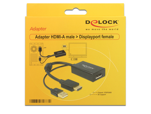 Delock adapter HDMI-A male > Displayport 1.2 female+USB power karte