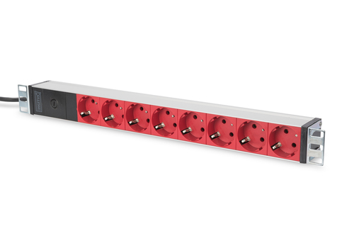 Digitus aluminum outlet strip with pre-fuse, 8 safety outlets, 2 m supply IEC C14 plug red