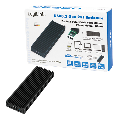 LogiLink Geh.  (M.2 PCIe NVMe) USB 3.2 Black  ALU cietā diska korpuss