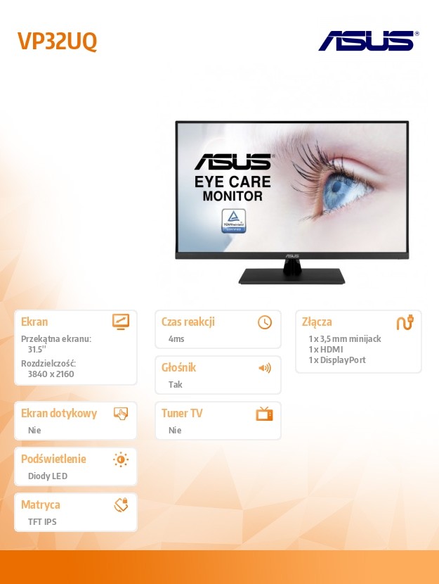 Monitor 32 VP32UQ IPS UHD 4K 16:9 sRGB:100% 4MS/100MLN:1/350cd/m2 HDMI DP monitors