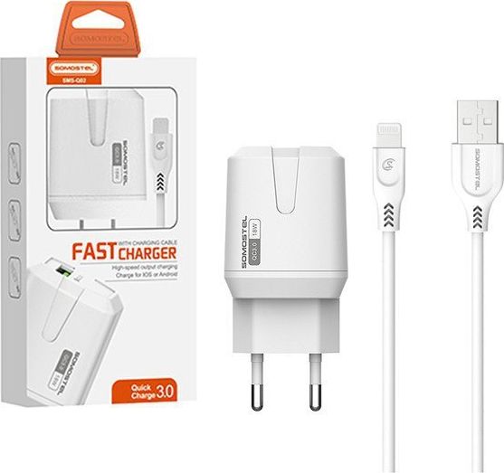 MAIN CHARGER 3A + CABLE IPHONE WHITE 18W SOMOSTEL 3000mAh USB SMS-Q02 FAST CHARGING iekārtas lādētājs