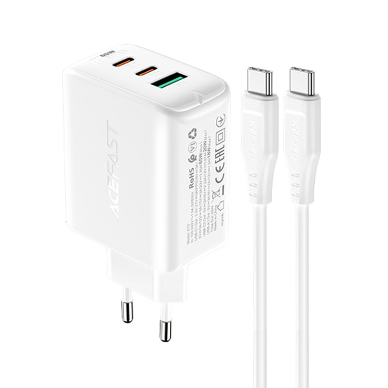 Acefast 2in1 charger 2x USB Type C / USB 65W, PD, QC 3.0, AFC, FCP (set with cable) white (A13 white) iekārtas lādētājs
