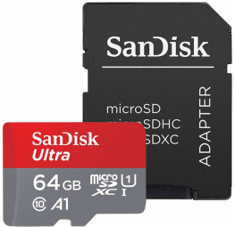 SanDisk Ultra microSDXC 64GB + SD Adapter 140MB/s  A1 Class 10 UHS-I; EAN:619659200541 atmiņas karte