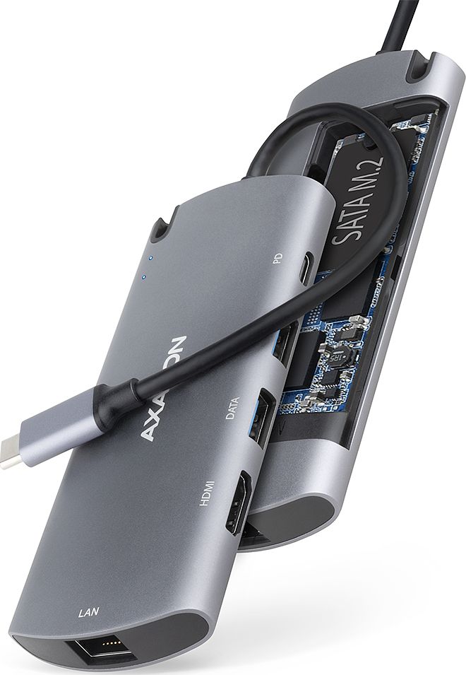 AXAGON HMC-6M2 Multiport-Hub, USB 3.0, M.2-SATA, HDMI, Gbit-LAN, 2x USB-A, 1x USB-C dock stacijas HDD adapteri