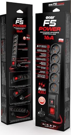 Surge Protector F5 Power 1.5m black 16A elektrības pagarinātājs