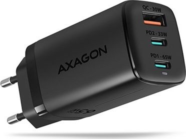 Axagon GaN wallcharger <240V / 3x port (USB + dual USB-C), PD3.0/QC4+/PPS/Apple. 65W total power. portatīvo datoru lādētājs