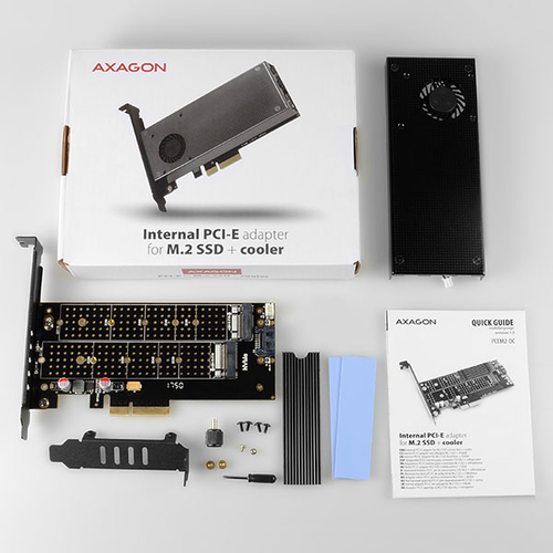 AXAGON PCEM2-DC PCI-E 3.0 4x - DUAL M.2 SSD (NVMe + SATA), dual voltage, up to 110mm SSD, fan + heatsink karte