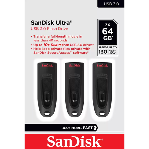 WESTERN DIGITAL ULTRA 64GB USB 3.0 FLASH DRIVE 130MB/S READ 3 PACK (BLACK) USB Flash atmiņa