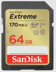 SANDISK Extreme 64GB microSDXC + 1 year RescuePRO Deluxe up to 170MB/s & 80MB/s Read/Write speeds, UHS-I, Class 10, U3, V30 atmiņas karte