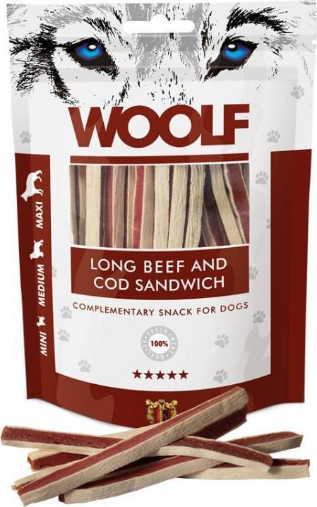 WOOLF  Woolf Przysmak Pies Long Beef&Cod Sandwich - Wolowina z Dorszem paski, 100g 1036 (8594178550716)
