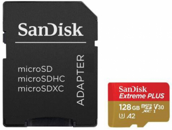 SANDISK Extreme PLUS 128GB microSDXC + SD Adapter + 2 years RescuePRO Deluxe up to 200MB/s & 90MB/s Read/Write speeds A2 C10 V30 UHS-I U3 atmiņas karte