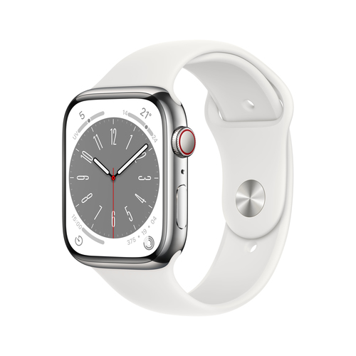 Apple Watch Series 8 GPS + Cellular 45mm Silver Stainless Steel Case / White Sport Band Regular Viedais pulkstenis, smartwatch