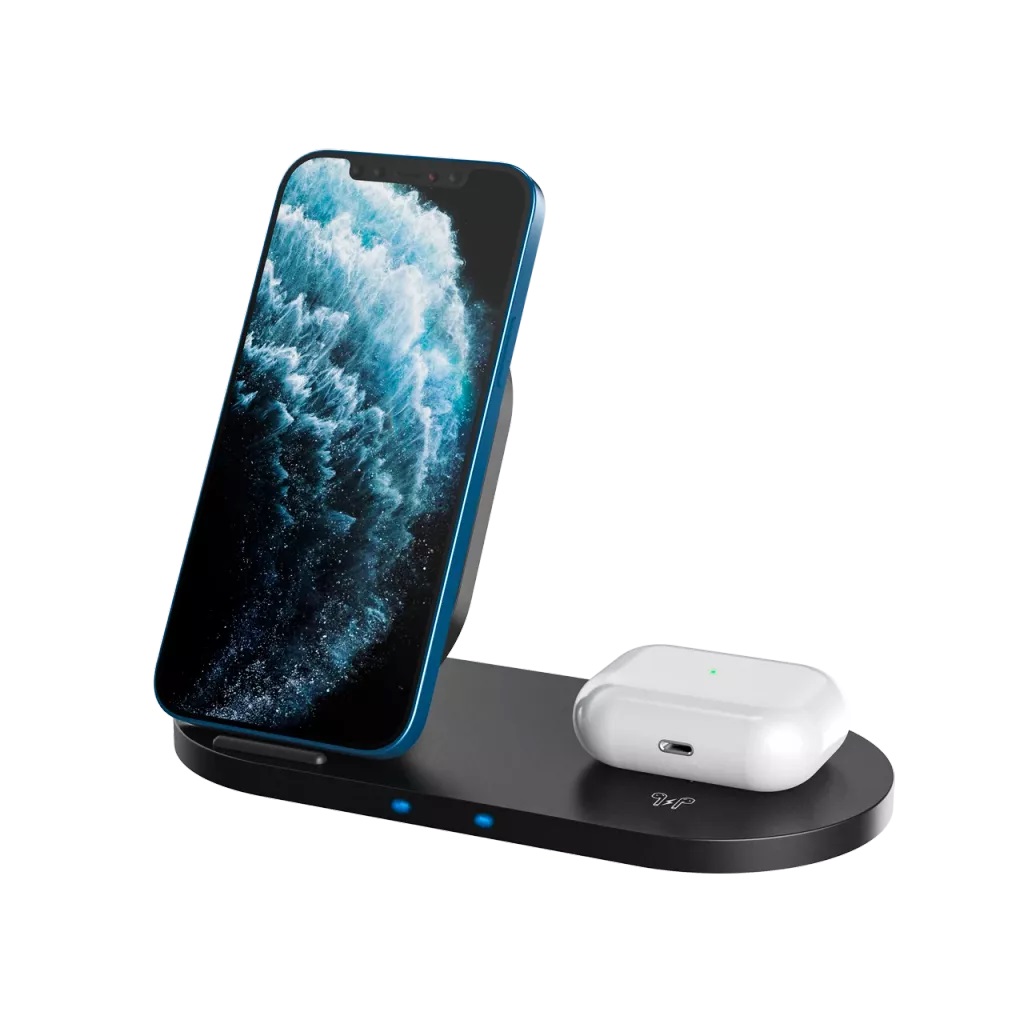 CANYON WS-202 2in1 Wireless charger, Input 5V/3A, 9V/2.67A, Output 10W/7.5W/5W, Type c cable length 1.2m, PC+ABS,with PU part ,180*86*111.1m iekārtas lādētājs