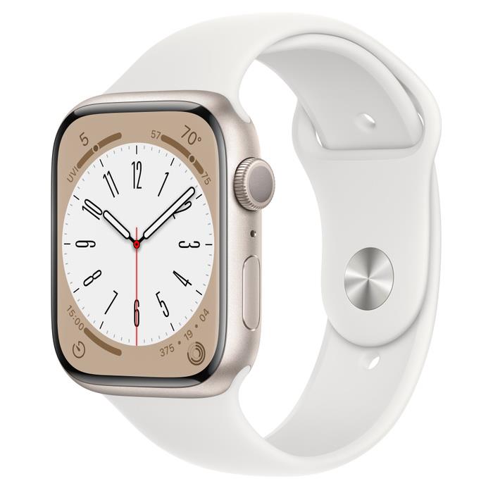 Apple Watch S8 Alu 45mm Silver (Sportband White) iOS Viedais pulkstenis, smartwatch