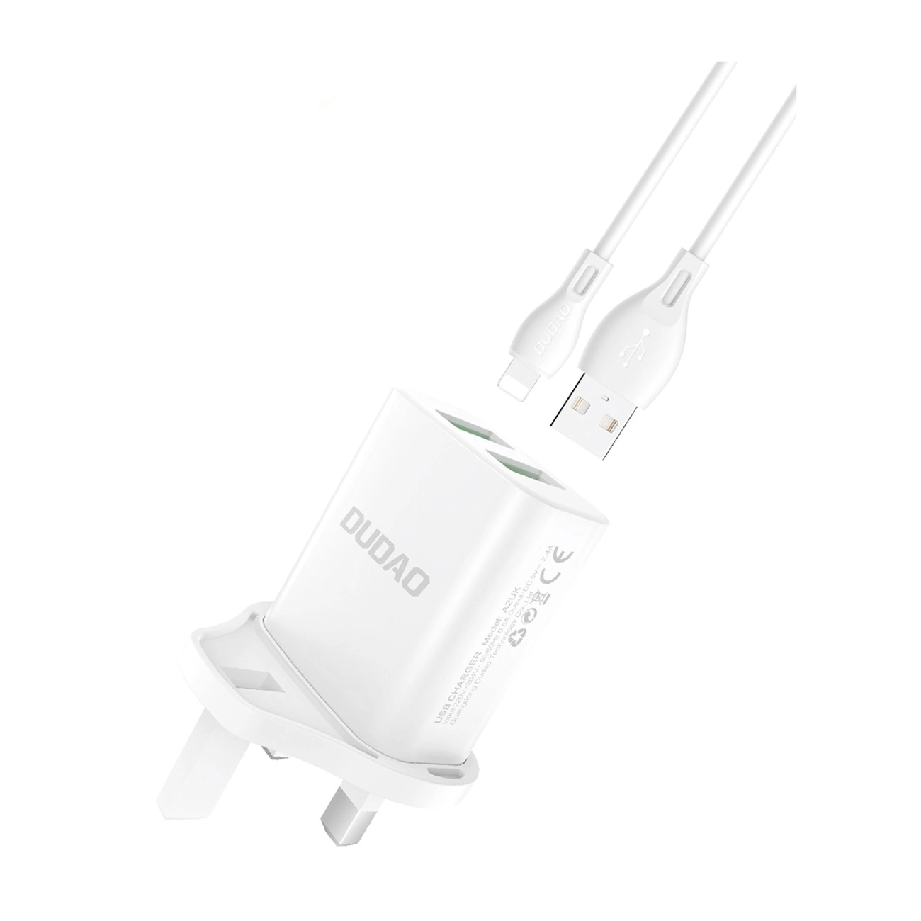 Dudao wall charger with UK plug (Great Britain) 2xUSB-A 2.4A white + USB-A cable - microUSB 1m A2UKM (6970379616192) USB kabelis