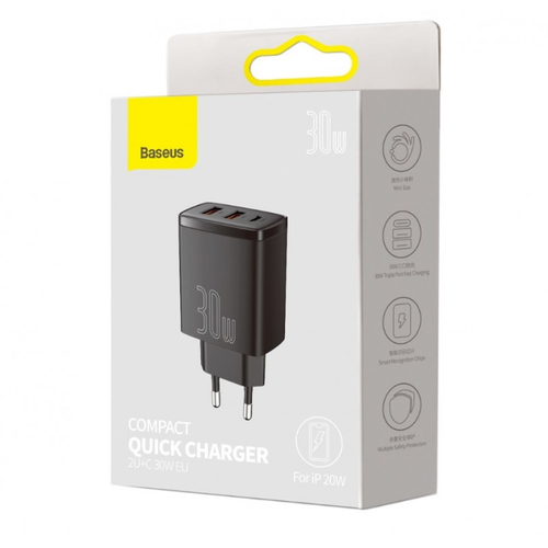 Baseus Compact Quick Charger, 2xUSB, USB-C, PD, 3A, 30W Black iekārtas lādētājs