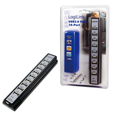 Logilink USB 2.0 Hub-10 port whit power adapter USB kabelis