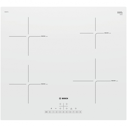 Bosch Hob PUE612FF1J Induction, Number of burners/cooking zones 4, White, Display, Timer plīts virsma