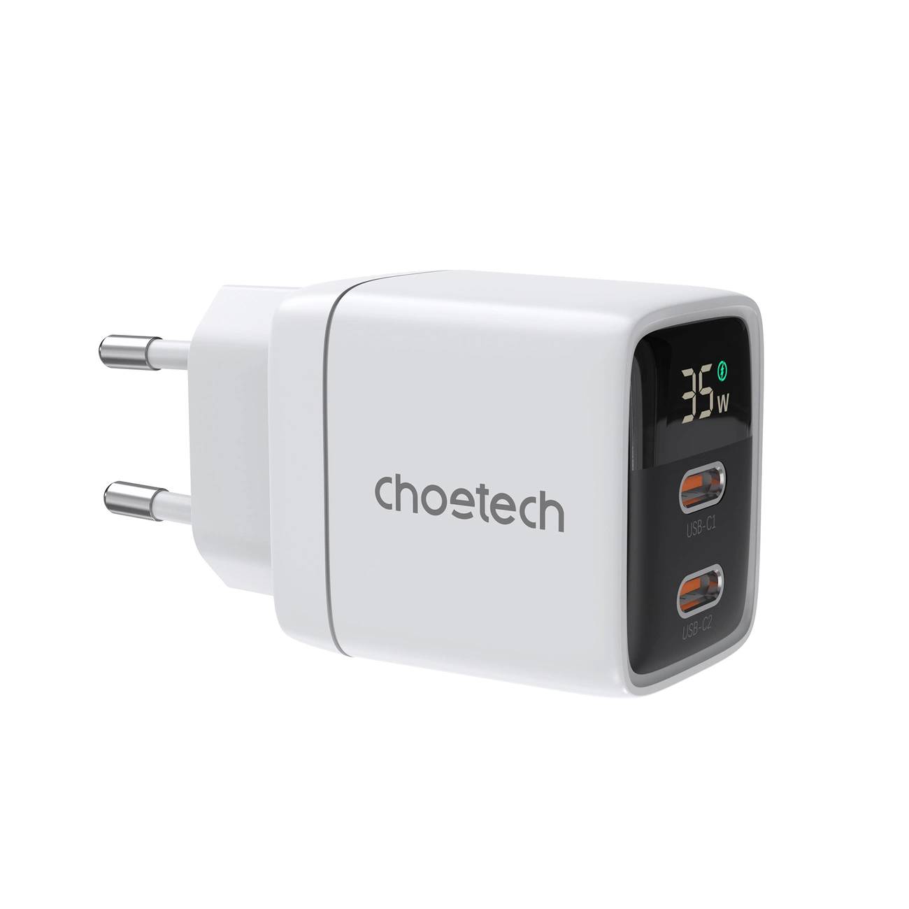 Choetech PD6051 2x USB-C PD 35W GaN wall charger with display - white 01.01.02.XX-PD6051-EU-WH (6932112106117) iekārtas lādētājs