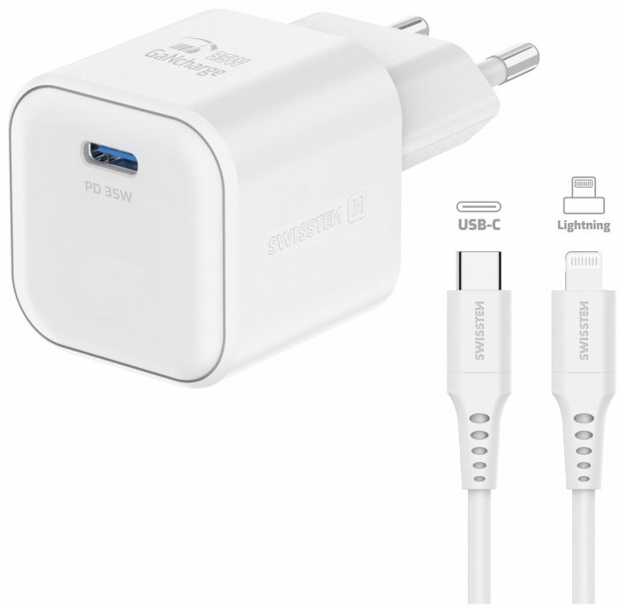 Swissten Tīkla Lādētājs GaN USB-C 35W PD + Datu kabelis USB-C - Lightning 1.2m iekārtas lādētājs