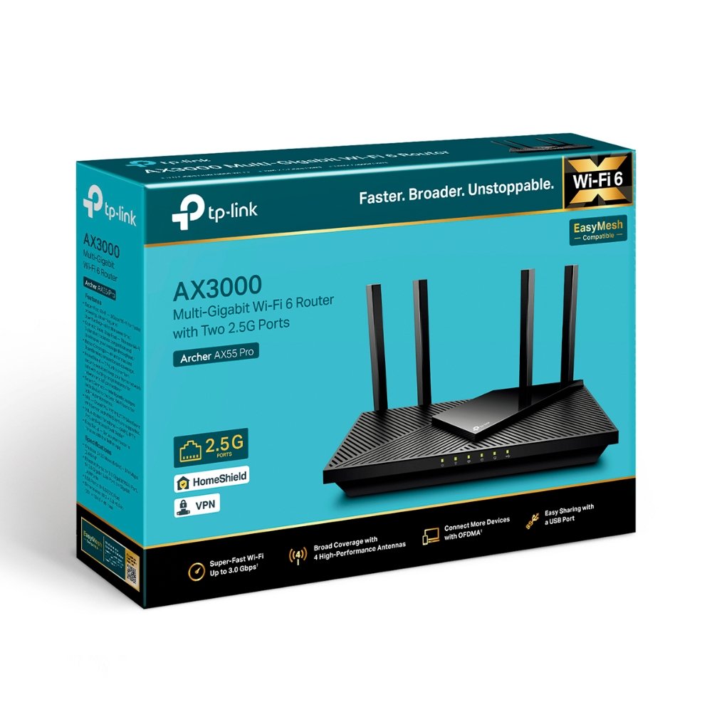 TP-Link Archer AX55 Pro WLAN-Router Gigabit Ethernet Dual-Band (2,4 GHz/5 GHz) Black Rūteris