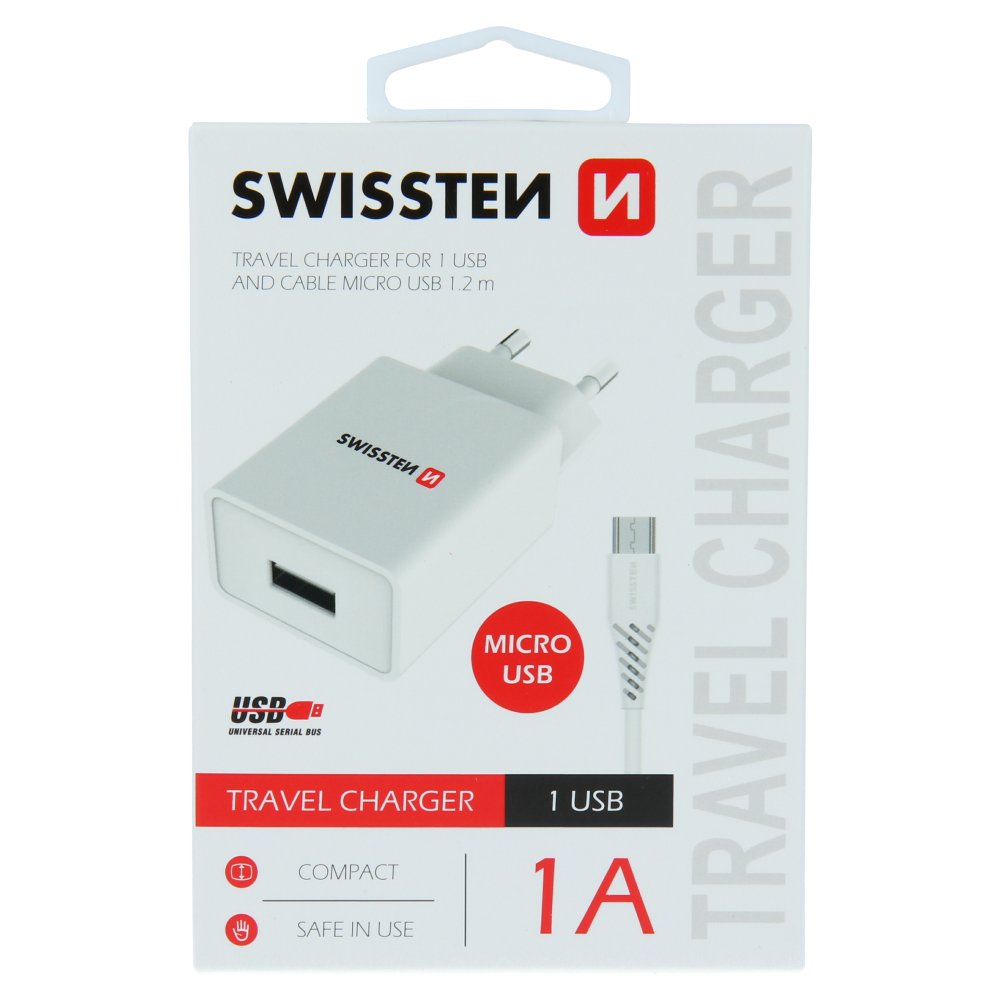 Swissten Travel Tīkla lādētājs Smart IC USB 1A + kabelis USB / Micro USB 1.2m 22061000 (8595217464483) iekārtas lādētājs
