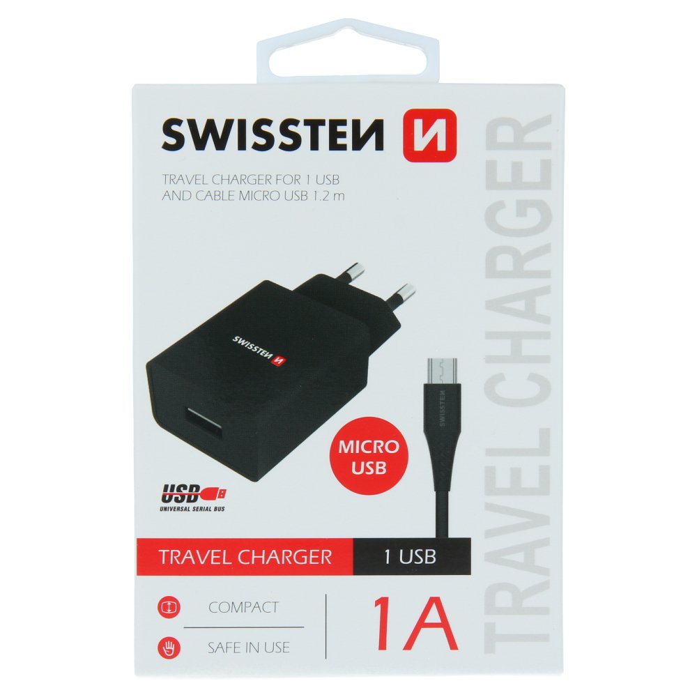 Swissten Travel Tīkla lādētājs Smart IC USB 1A + kabelis USB / Micro USB 1.2m 22062000 (8595217464490) iekārtas lādētājs