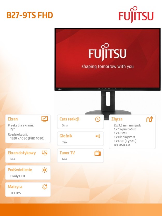 FUJITSU 27 B27-9 TS BLACK (FHD/16:9/DP/HDMI/VGA/4XUSB) 5-IN-1 STAND monitors