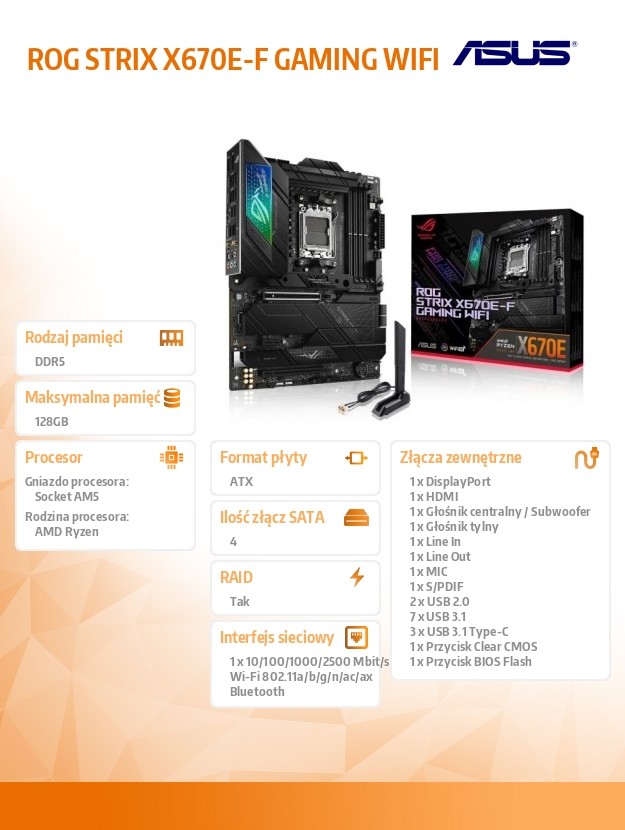 Motherboard ROG STRIX X670E-F GAMING WIFI AM5 4DDR5 ATX pamatplate, mātesplate